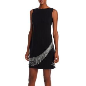 Eliza J Black Sleeveless Shift Dress with Rhinestone Fringe Boatneck Women's 8